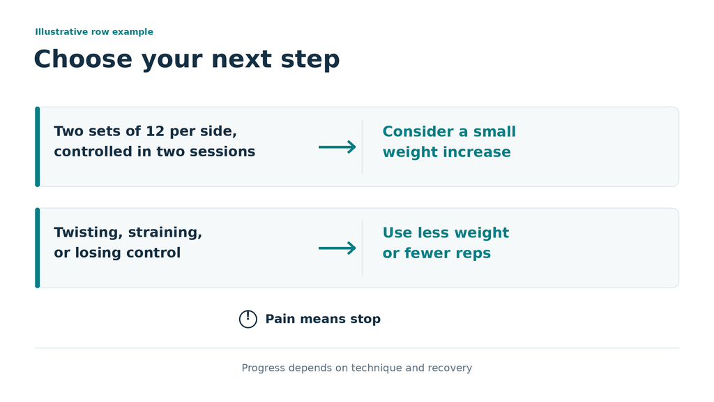 Row progression decisions for a 4-week home workout plan for beginners, showing when to increase or reduce weight.