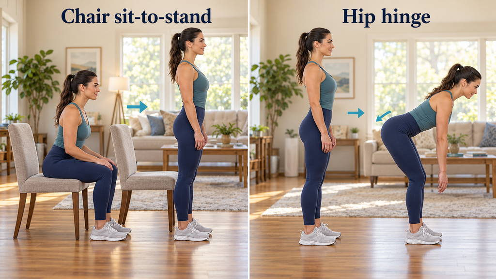 Woman demonstrating chair sit-to-stand and hip hinge exercises at home for a 4-week home workout plan for beginners.