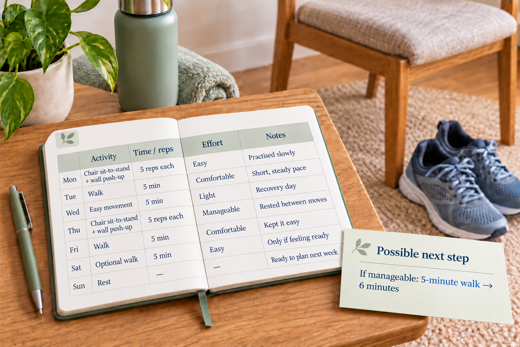 A simple activity log for someone learning how to start working out and increase exercise gradually.