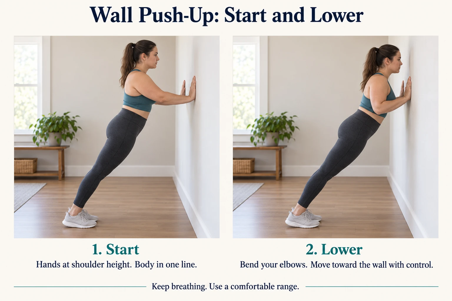 Side views of a wall push-up showing the arms extended at the start and elbows bent as the body moves toward the wall.