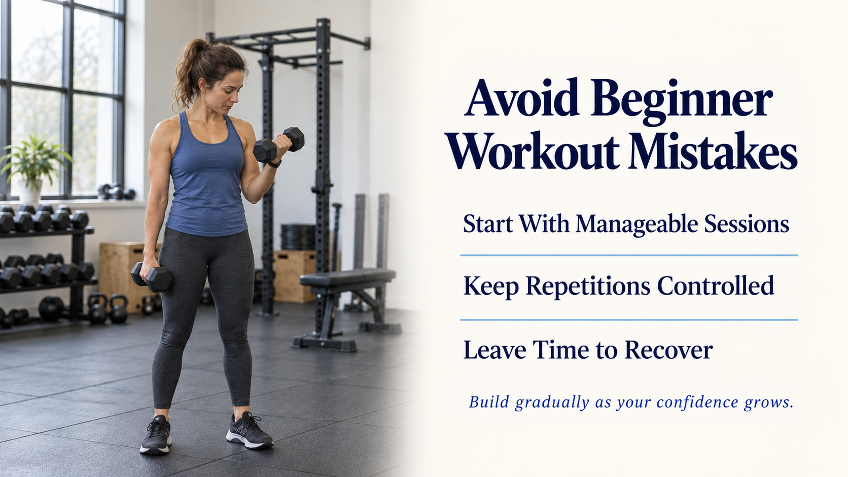 Woman demonstrating a controlled dumbbell curl alongside tips to avoid beginner workout mistakes.