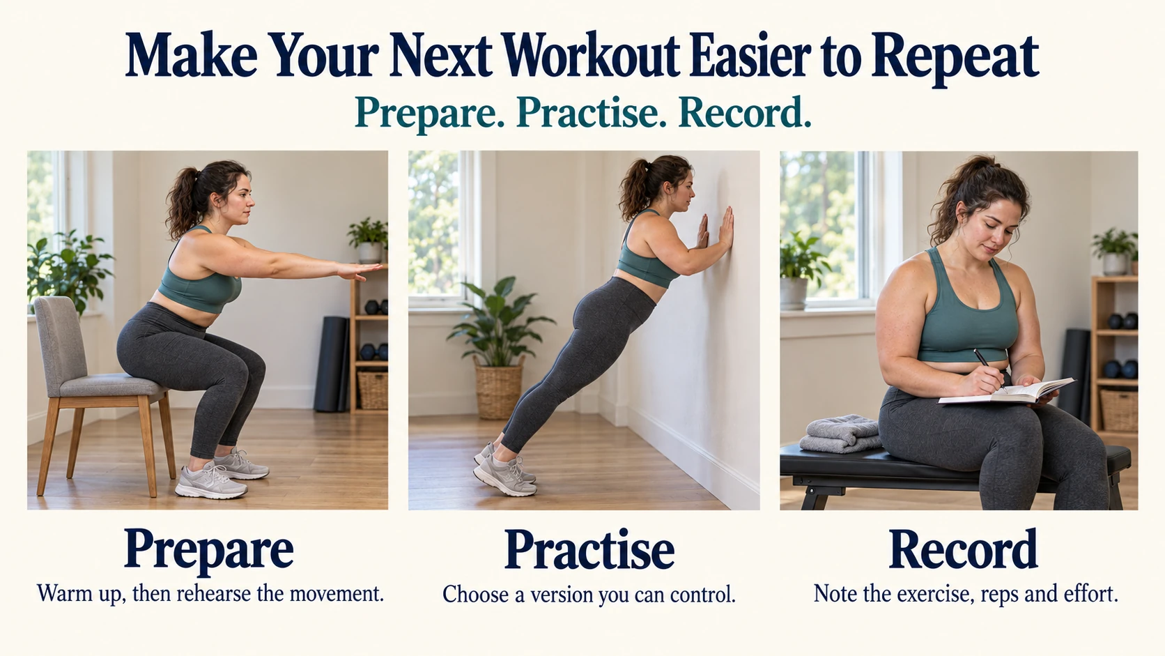 Three workout habits: rehearse a chair squat, choose a controlled wall push-up, and record the session in a training notebook.