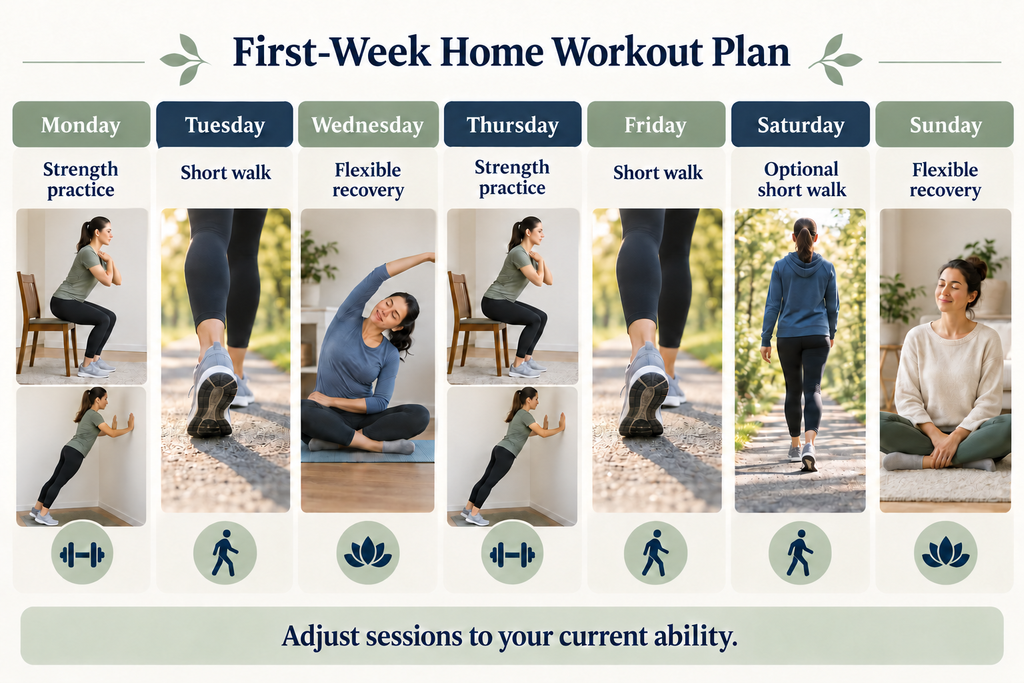 A first-week calendar showing how to start working out with short walks, strength practice, and recovery days.