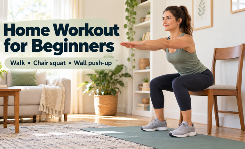 How to start working out at home with an athletic beginner doing a controlled chair squat in a living room.