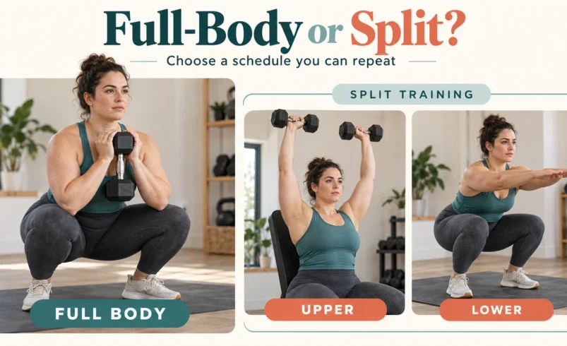 Woman demonstrates a goblet squat, overhead press and bodyweight squat in a full-body versus split comparison.
