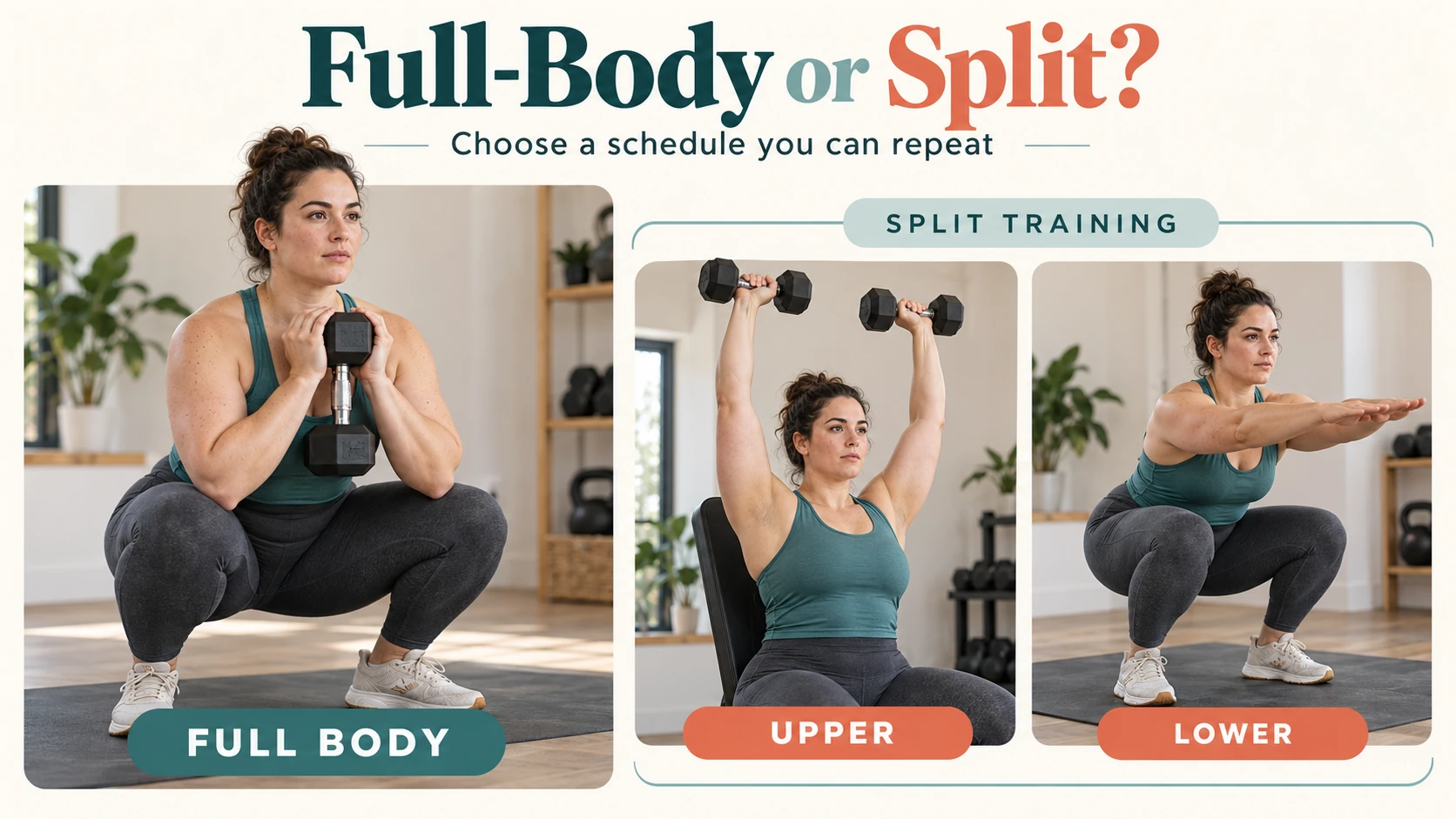 Woman demonstrates a goblet squat, overhead press and bodyweight squat in a full-body versus split comparison.
