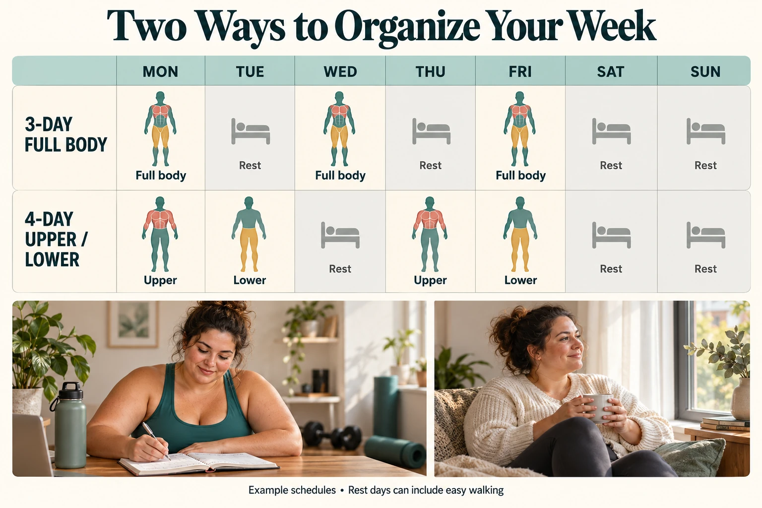 Calendar compares three full-body workouts with four upper and lower sessions, showing rest days for each.