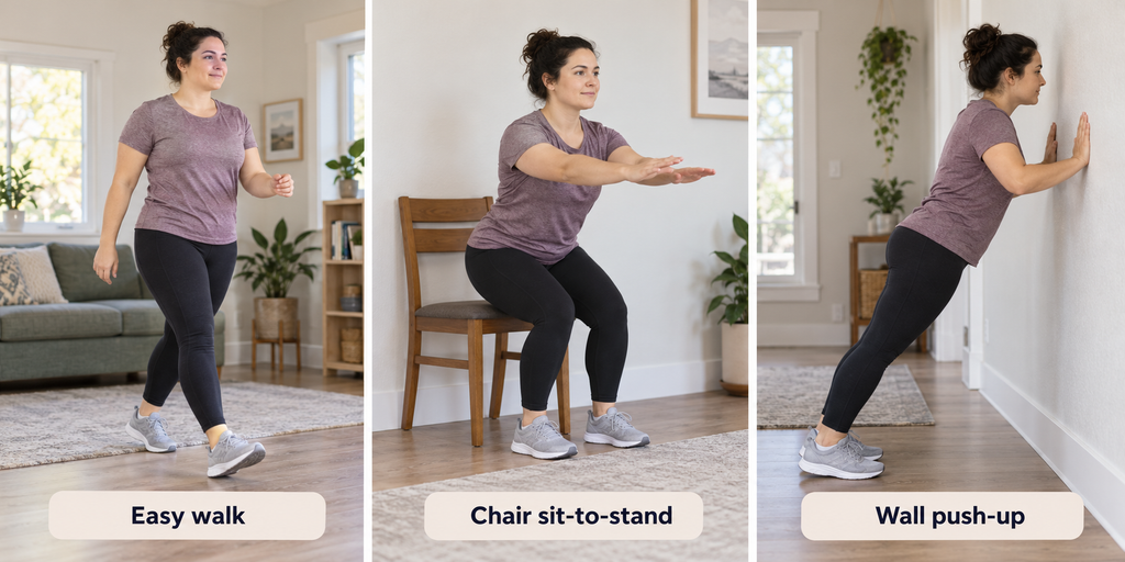 A beginner learning how to start working out with walking, chair sit-to-stands, and wall push-ups.