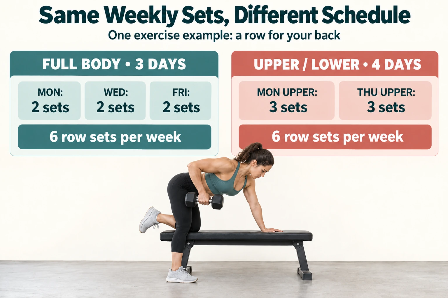 Six weekly row sets divided into three sessions of two sets or two upper-body sessions of three sets.